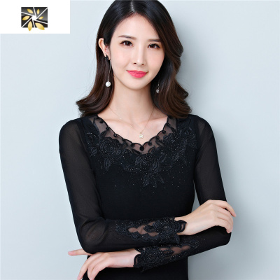 暖青汇春秋新款低领蕾丝打底衫女长袖百搭修身亮丝洋气小衫内搭网纱上衣蕾丝衫