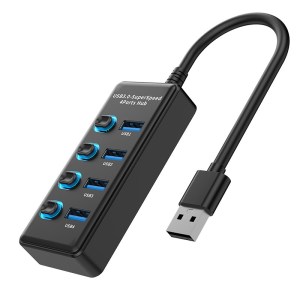 usb3.0扩展器集分线器多功能ubs一拖七集线器hub拓展坞type-c供电 4口带开关3.0HUB 1米