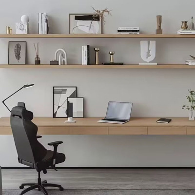 动蚁亭悬空书桌书架组合墙上一字形长条实木带抽屉定制电脑桌