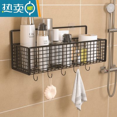 敬平浴室收纳置物架卫生间壁挂免打孔洗漱台墙上洗澡洗手间收纳架子 黑色大号带挂钩浴室置物架