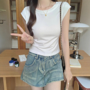 夏季新款圆领飞飞袖T恤女装设计感小众修身百搭无袖纯色上衣
