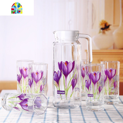 家用印花冷水壶玻璃泡茶壶耐热果汁凉白开分水杯扎壶水具套装 FENGHOU 粉色牡丹五件套凉水壶