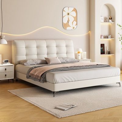 奶油风真皮床轻奢现代简约双人床主卧室实木储物床家用软包大婚床