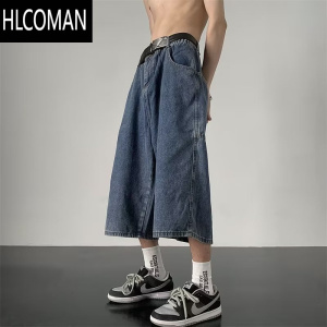 HLCOMAN夏季薄款牛仔阔腿裤男款oversize宽松直筒过膝短裤男潮流六七分裤