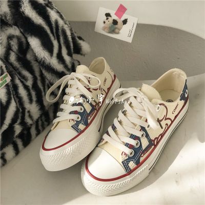 品质优选-帆布鞋可爱涂鸦小熊帆布鞋女春季小白鞋女学生韩版百搭板鞋女ins潮ulzzang