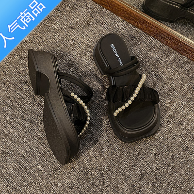 SUNTEK厚底配裙子凉拖鞋仙女风凉鞋女夏季2023年新款百搭珍珠晚晚风鞋子