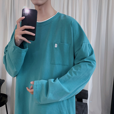 珂卡慕(KEKAMU)短句先生丝叔潮社男士长袖体桖春季原宿港风圆领T恤男韩版宽松潮流休闲潮牌百搭打底上衣服男式