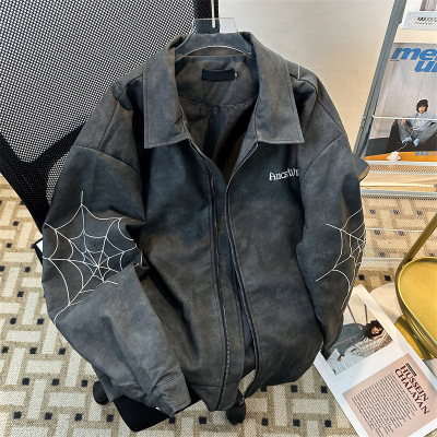 春秋新款美式高街pu皮夹克男休闲宽松百搭街头棒球服立领宽松外套