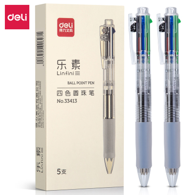 得力33413 四色圆珠笔 0.7mm子弹头按动笔原子笔中油笔 (黑红蓝绿) 5支/盒