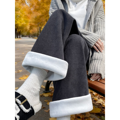 窄版阔腿裤女秋冬新款灰色直筒小个子休闲加绒加厚灯芯绒裤子_640