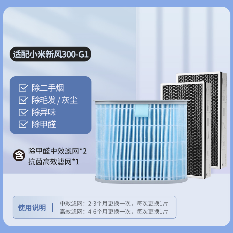 适配小米新风滤芯G1-300[除醛升级]中效*2+高效*1