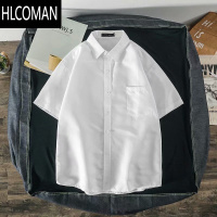 HLCOMAN简约日系短袖衬衫男生夏季纯色口袋百搭情侣休闲宽松薄款翻领衬衣