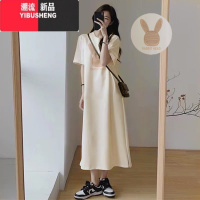 YIBUSHENG2024新款短袖连衣裙女季宽松大码慵懒风t恤裙子高级感过膝长裙