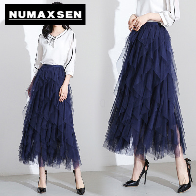 纽曼森（Numaxsen）半身裙女网纱裙波浪蛋糕夏2021气质温柔长款百褶长裙子公主裙粉色