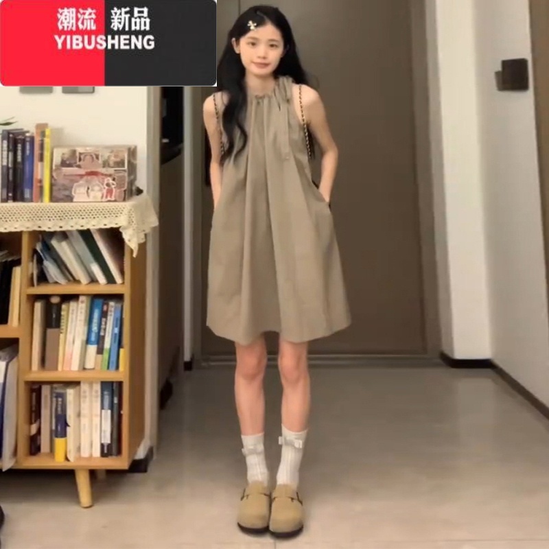 YIBUSHENG法式无袖挂脖吊带连衣裙女季2024新款小个子甜美风初恋娃娃短裙