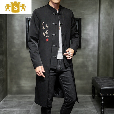 SUNTEK秋季男士风衣中长款中国风男装中式古风刺绣大衣外套青年汉服唐装风衣