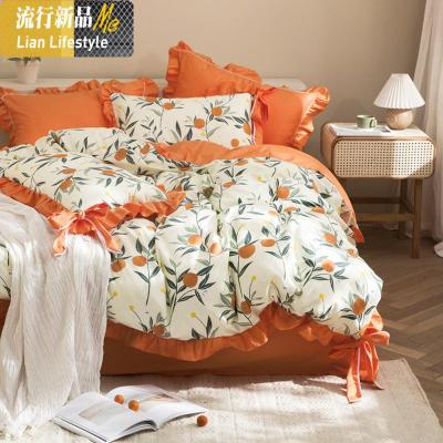 四季欧式复古轻奢公主风少女心棉棉橘色床上用品床笠四件套 三维工匠