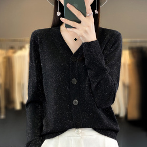 亮丝长袖针织开衫女短外套v领薄款毛衣春秋宽松百搭洋气上衣毛衫
