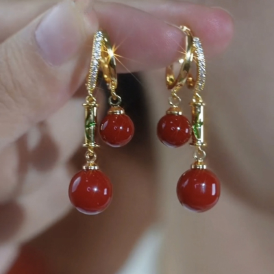 新中式中国风竹节绿色珠珠耳环女小众设计高级感古风复古气质耳饰送女朋友老婆情人节七夕生日礼物