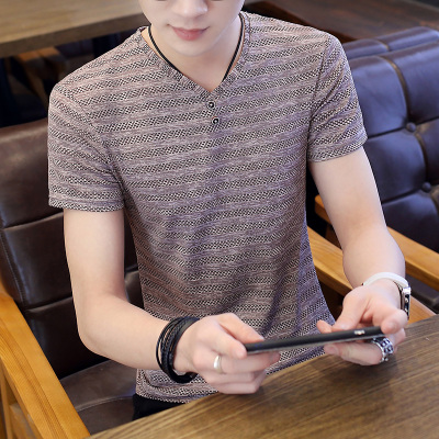 黛鬟男士短袖T恤2019夏季v领冰丝半袖体恤青年修身款潮流男装衣服