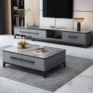 欧梵森 北欧轻奢岩板茶几电视柜组合推拉伸缩大理石岩板电视柜小户型客厅家具意式风岩板现代简约套装家用储物柜