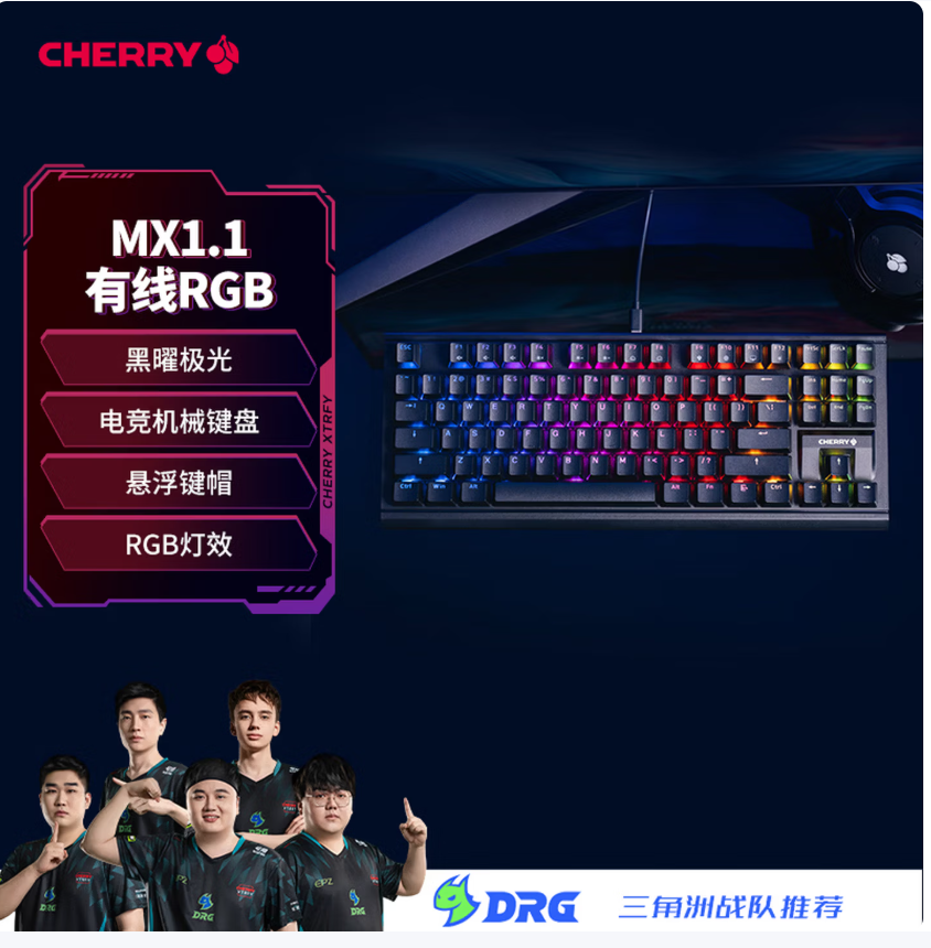 CHERRY樱桃MX1.1黑曜极光 机械键盘87键 游戏键盘 有线键盘 悬浮式无钢结构 RGB灯效 黑色红轴