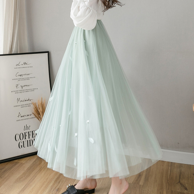 玳恩网纱半身裙女高腰中长款百搭A字沙沙超仙森系2021夏季纱裙百褶裙