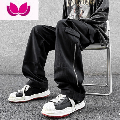 七斓多口袋阔腿工装裤男美式复古宽松直筒长裤拉链开叉机能风裤子