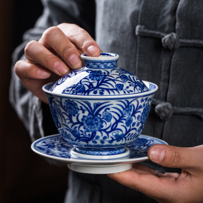 凯斯唯嘉三才盖碗景德镇陶瓷青花重工手绘釉下荷趣陶瓷碗泡茶碗大号