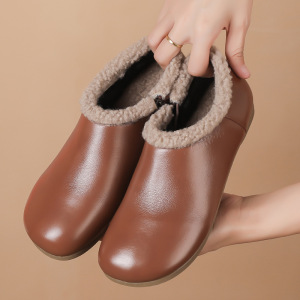软底妈妈鞋头层牛皮复古加绒保暖圆头舒适女鞋一脚蹬懒人鞋豆豆鞋