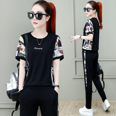 运动套装女夏季2021年宽松时尚洋气大码跑步休闲服两件套绣彤