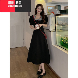 YIBUSHENG大码法式甜美短袖连衣裙女季赫本风小黑裙胖MM遮肚显瘦刺绣裙子