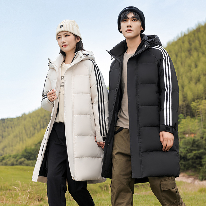 冬季新款时尚情侣羽绒服男女中长款保暖百搭连帽三条杠羽绒男外套