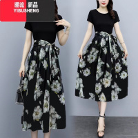 YIBUSHENG2024季新款中年妈妈装气质中长款收腰短袖印花冰丝假两件连衣裙