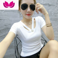 七斓2022夏季新款韩版修身百搭显瘦时尚V领条纹T恤女短袖打底衫上衣