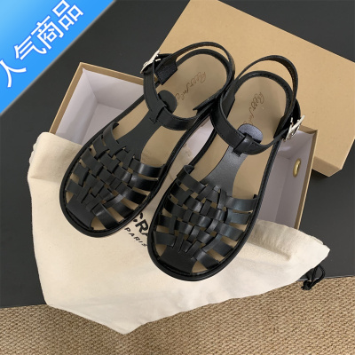 SUNTEK包头凉鞋女2023年新款夏季法式复古仙女风编织镂空休闲平底罗马鞋