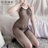 长夜漫漫情趣内衣性感豹纹连体挂脖网衣丝袜透明诱惑8002