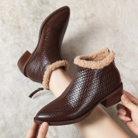 头层牛皮毛毛靴粗跟保暖短靴女25秋冬新款女加绒棉靴简约压花棉鞋