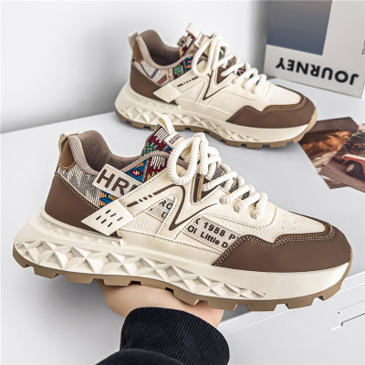 2026新款春季时尚运动鞋男士超轻舒适休闲跑步皮面增高防滑老爹鞋
