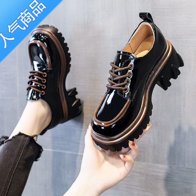 SUNTEK小皮鞋女英伦风2023新款秋季增高厚底单鞋黑色漆皮春秋乐福鞋