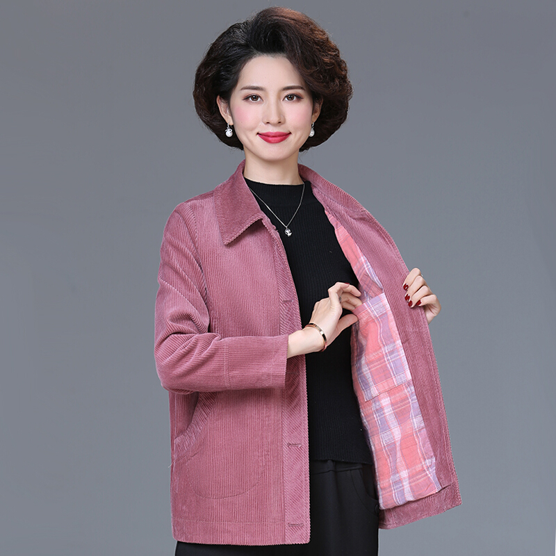 穿的妈妈装外套50-60岁中年人上衣冬秋季新款中老年条绒夹克品牌女装