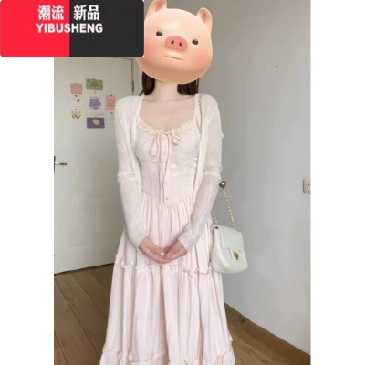 YIBUSHENG法式浪漫蕾丝拼接粉色吊带连衣裙女季2024新款甜美温柔气质长裙