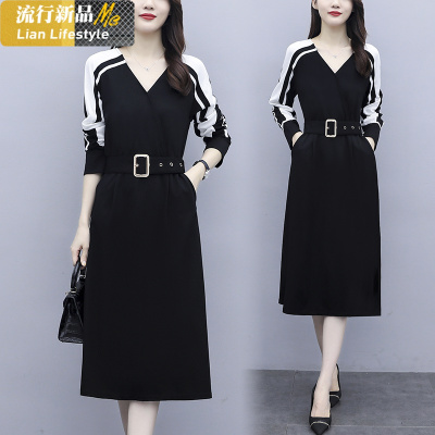 恋名媛大码女装秋装胖mm显瘦连衣裙遮肚子上衣洋气中长款v领打底衫200斤大码女装