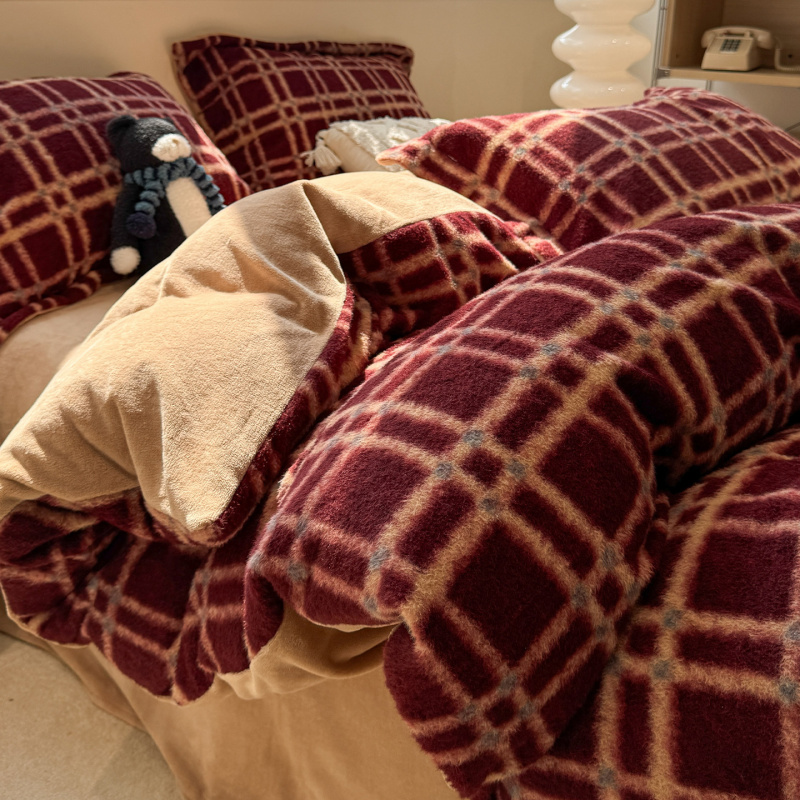 美拉德仿羊绒床上四件套双面加绒被罩床单新款床品床笠三件套