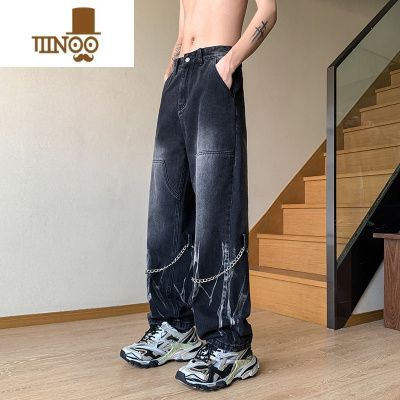 YANXU牛仔裤直筒男士夏季复古潮流宽松休闲长裤美式高街哈伦阔腿裤子男