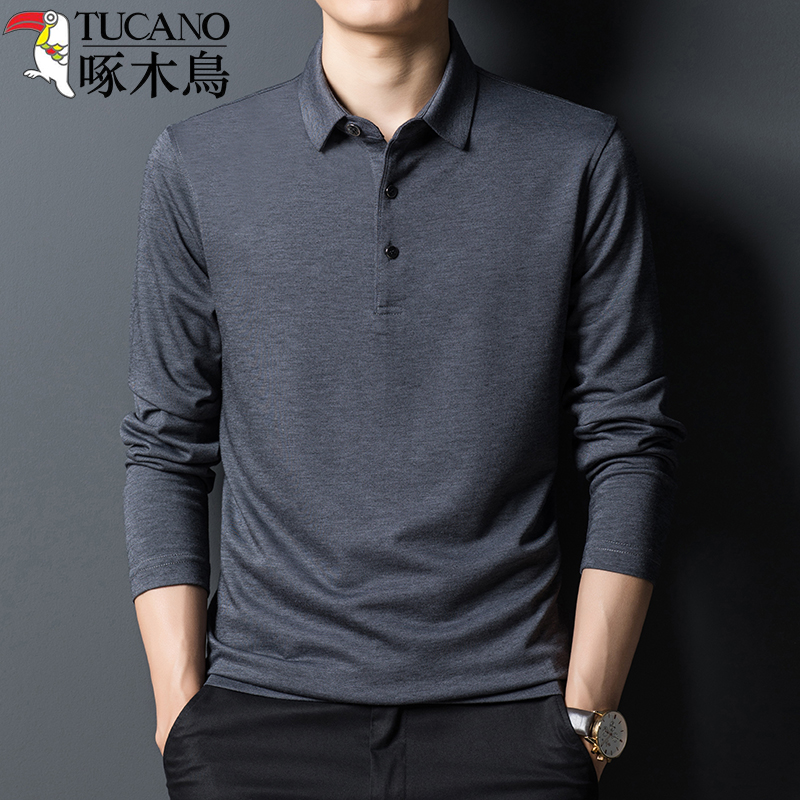 啄木鸟春秋季中年男装桑蚕丝长袖T恤翻领纯色上衣服polo打底衫男
