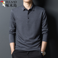 啄木鸟春秋季中年男装桑蚕丝长袖T恤翻领纯色上衣服polo打底衫男
