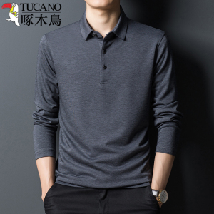 啄木鸟春秋季中年男装桑蚕丝长袖T恤翻领纯色上衣服polo打底衫男