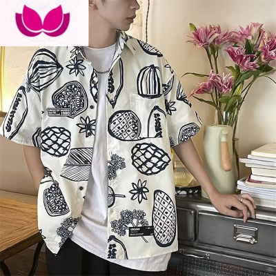 七斓日系短袖衬衫男夏季设计感涂鸦2023年新款情侣装花衬衣尖领休闲