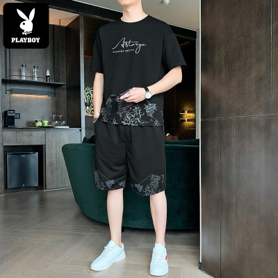 花花公子短袖T恤男套装2021夏季潮流冰丝衣服男装痞帅气搭配休闲一套